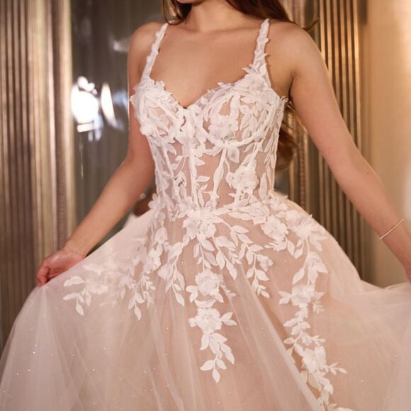 NEW FORMAL SLEEVELESS WEDDING DRESS EMBROIDERED W/ FLORAL LACE APPLIQUE CDS477W - Picture 3 of 9